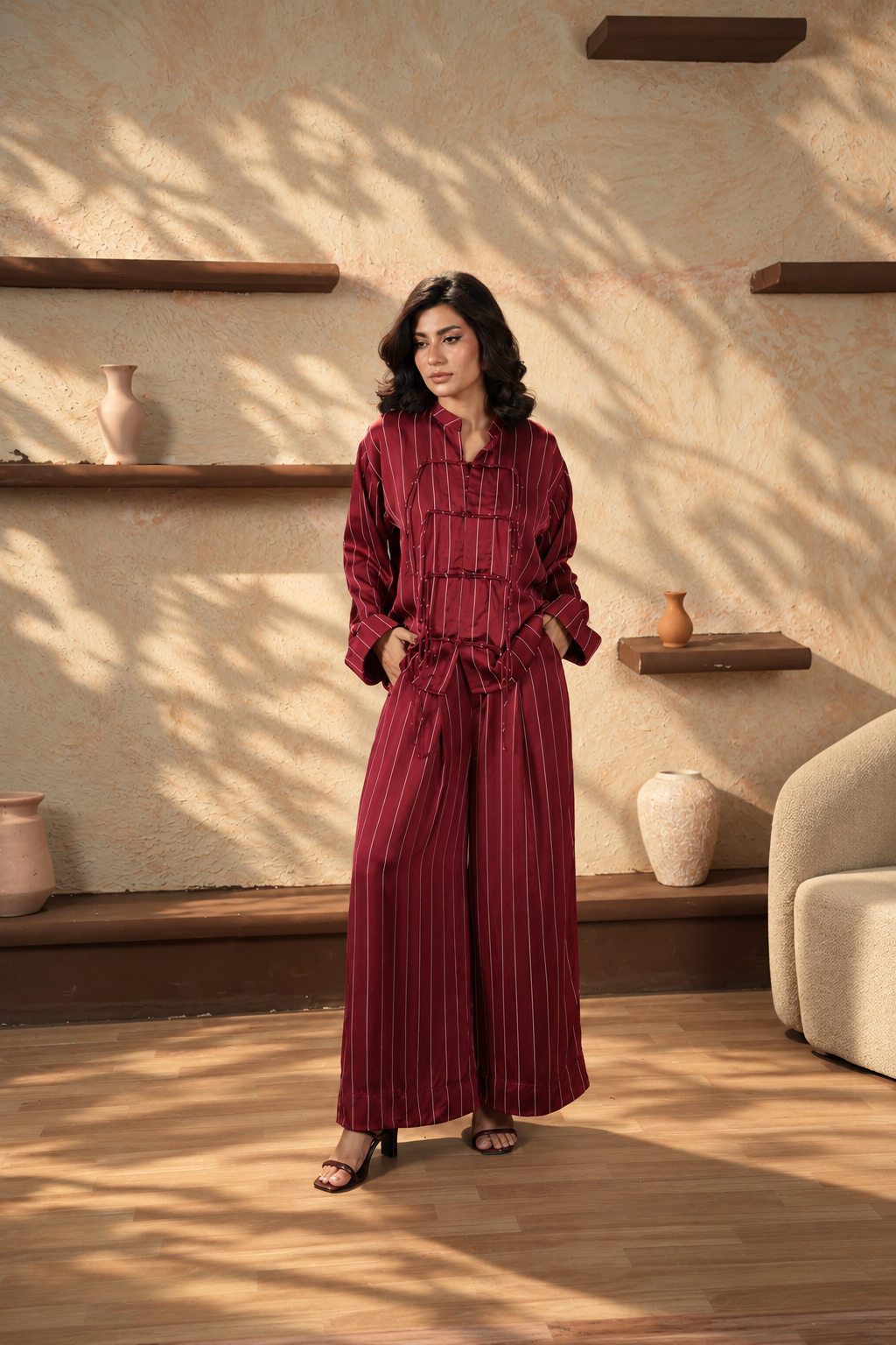 Garnet - Burgundy Pinstripe Ensemble alternate angle